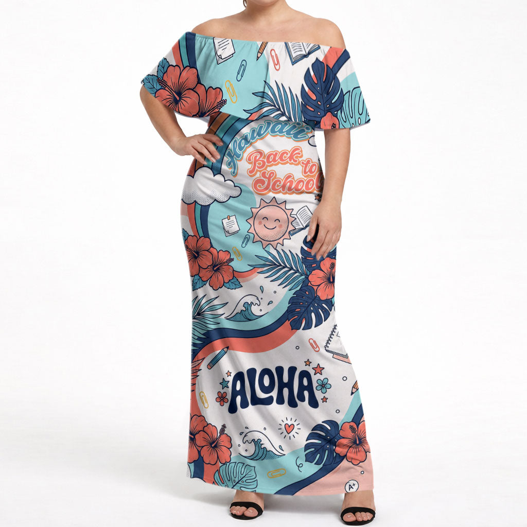 Personalized Hawaii Back To School Off Shoulder Maxi Dress Retro Rainbow Sun with Tropical Hibiscus Flowers TS04 Women White Blue - Polynesian Pride