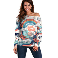 Personalized Hawaii Back To School Off Shoulder Sweater Retro Rainbow Sun with Tropical Hibiscus Flowers TS04 Women White Blue - Polynesian Pride