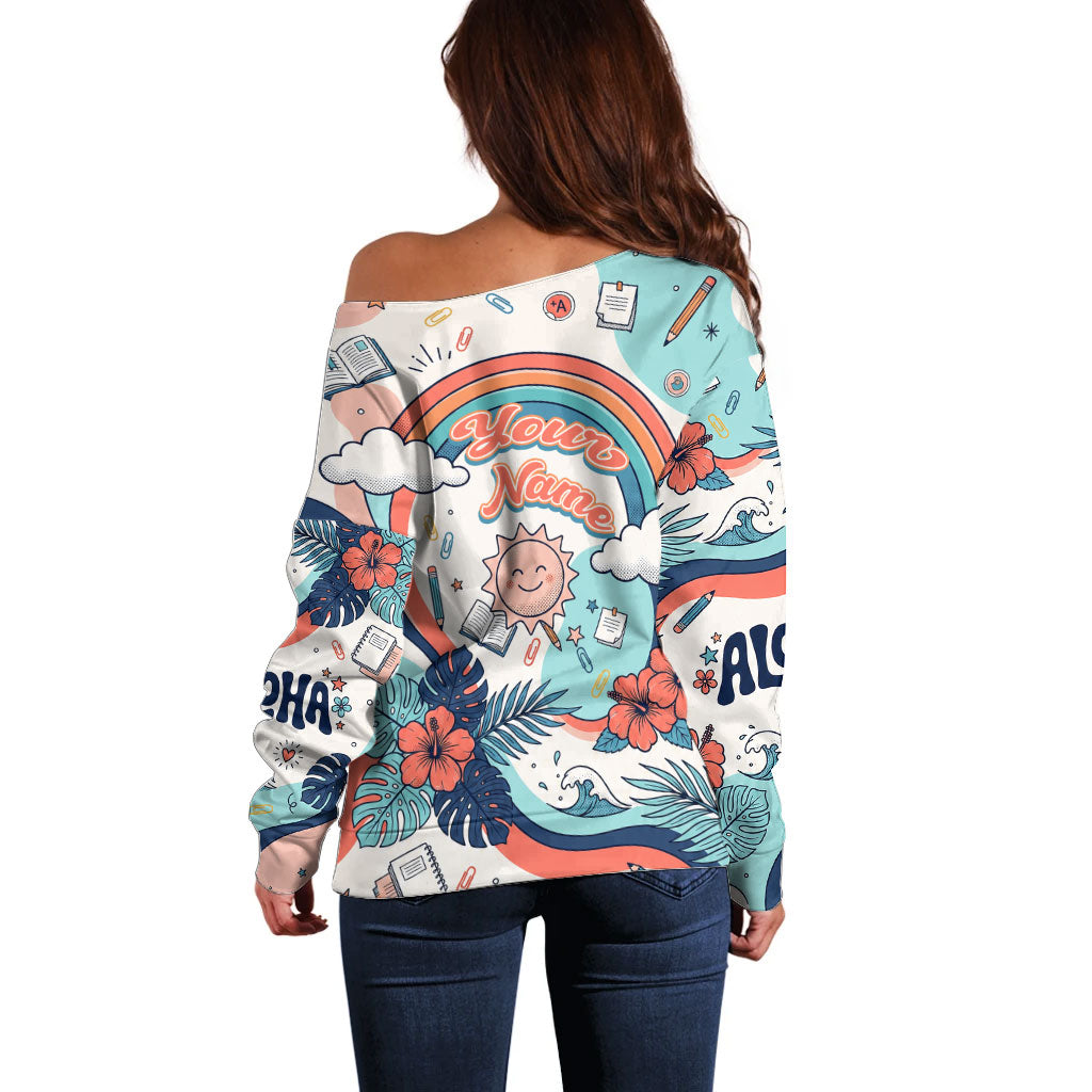 Personalized Hawaii Back To School Off Shoulder Sweater Retro Rainbow Sun with Tropical Hibiscus Flowers TS04 - Polynesian Pride