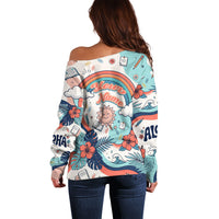 Personalized Hawaii Back To School Off Shoulder Sweater Retro Rainbow Sun with Tropical Hibiscus Flowers TS04 - Polynesian Pride