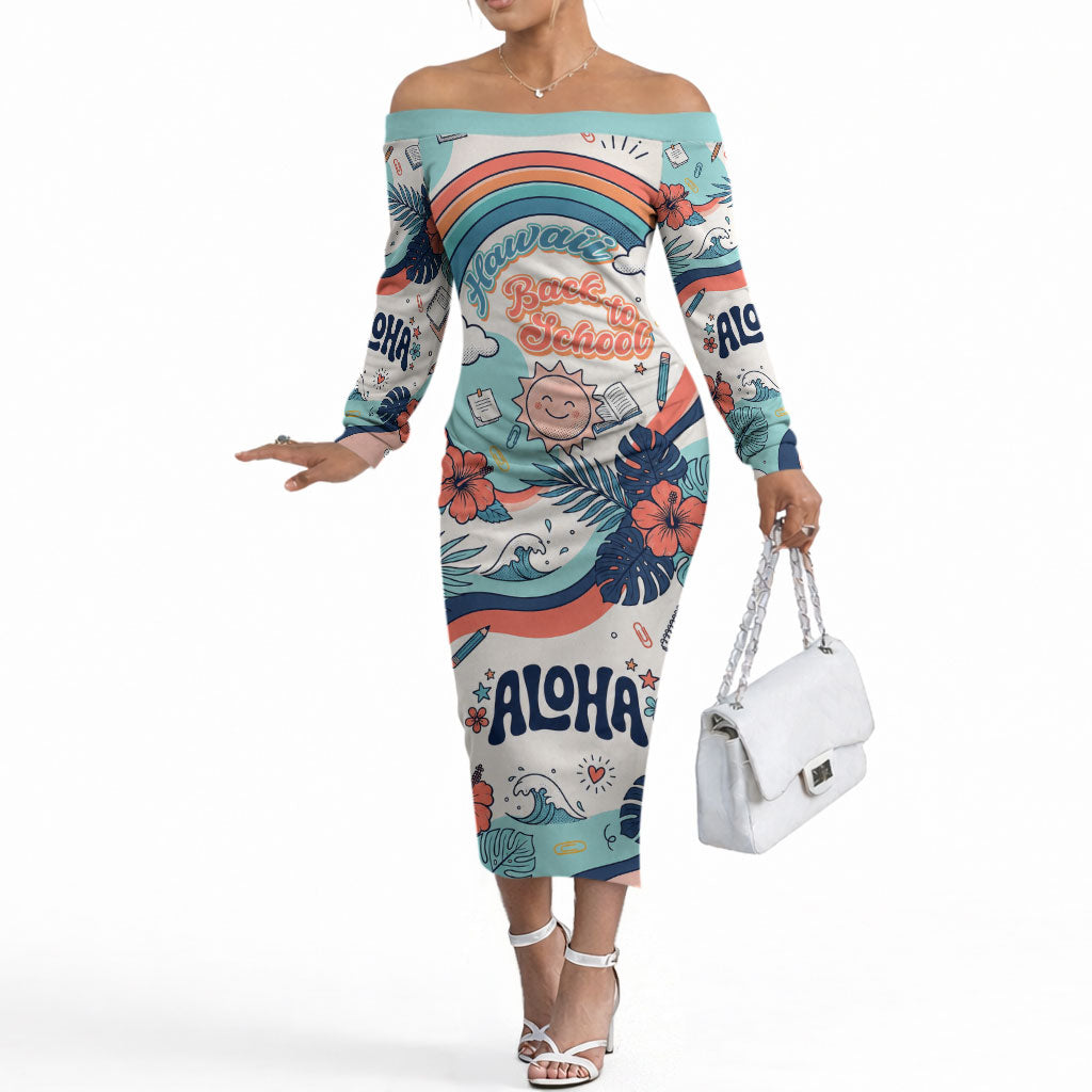 Personalized Hawaii Back To School Off The Shoulder Long Sleeve Dress Retro Rainbow Sun with Tropical Hibiscus Flowers TS04 Women White Blue - Polynesian Pride