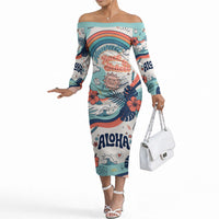 Personalized Hawaii Back To School Off The Shoulder Long Sleeve Dress Retro Rainbow Sun with Tropical Hibiscus Flowers TS04 Women White Blue - Polynesian Pride