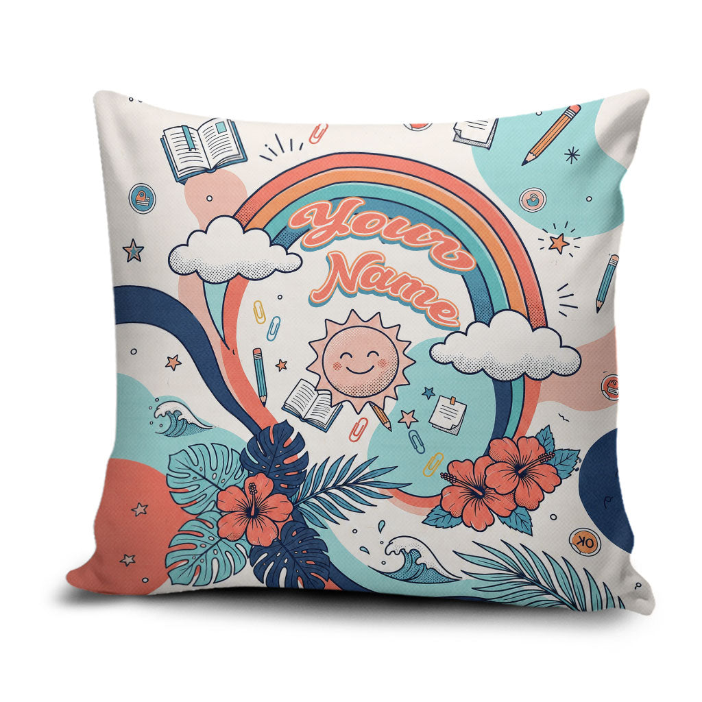 Personalized Hawaii Back To School Pillow Cover Retro Rainbow Sun with Tropical Hibiscus Flowers TS04 White Blue - Polynesian Pride