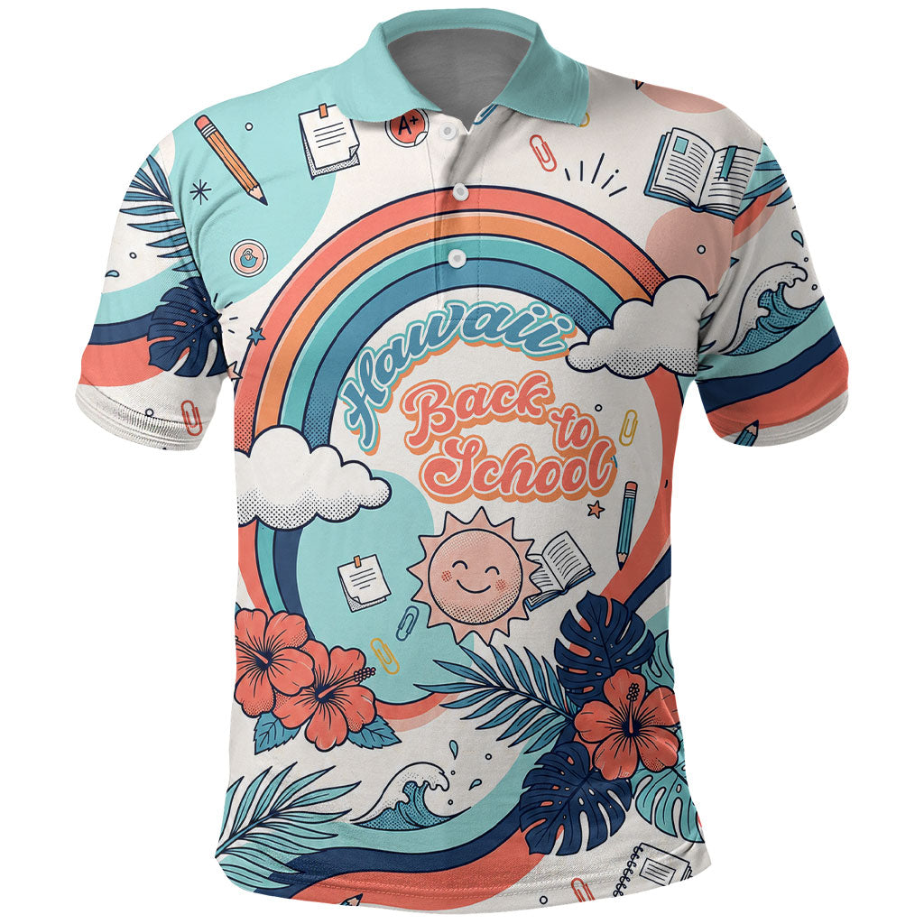 Personalized Hawaii Back To School Polo Shirt Retro Rainbow Sun with Tropical Hibiscus Flowers TS04 White Blue - Polynesian Pride