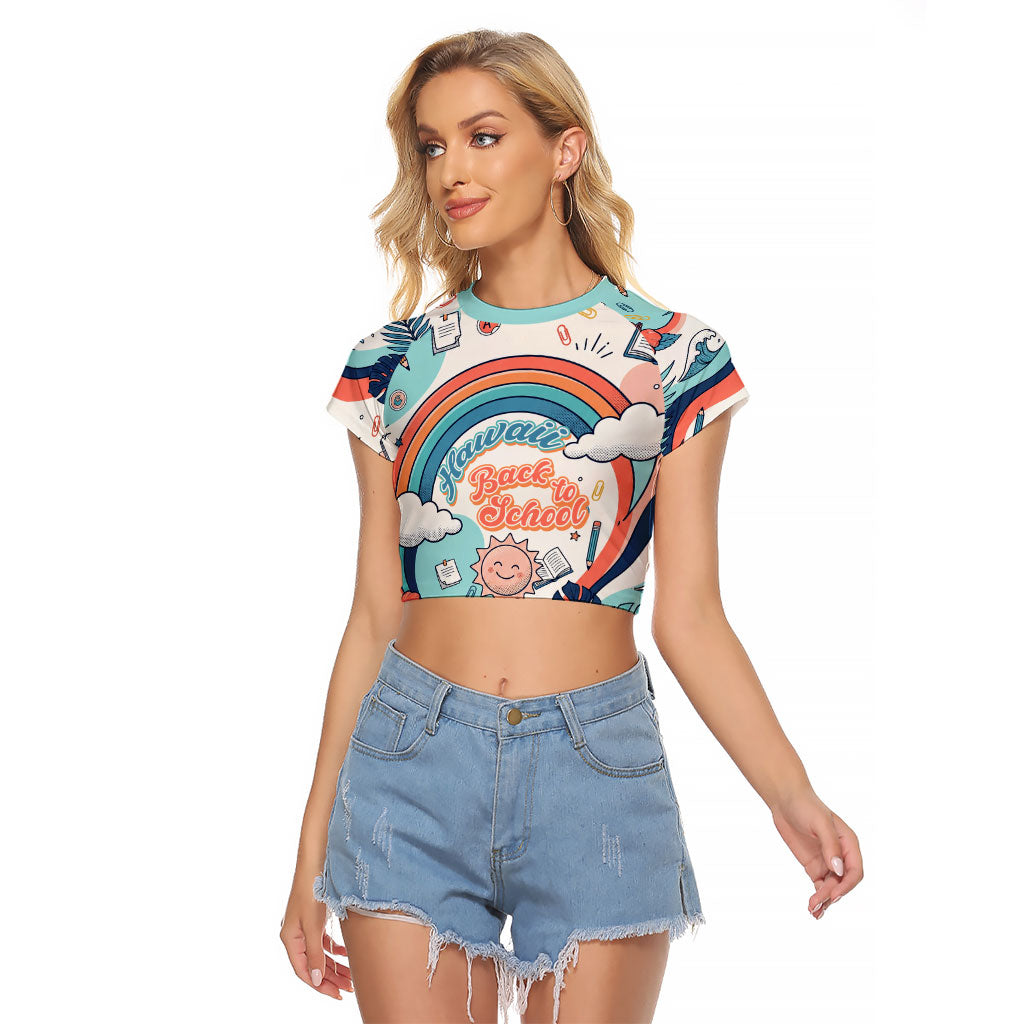 Personalized Hawaii Back To School Raglan Cropped T Shirt Retro Rainbow Sun with Tropical Hibiscus Flowers TS04 Female White Blue - Polynesian Pride