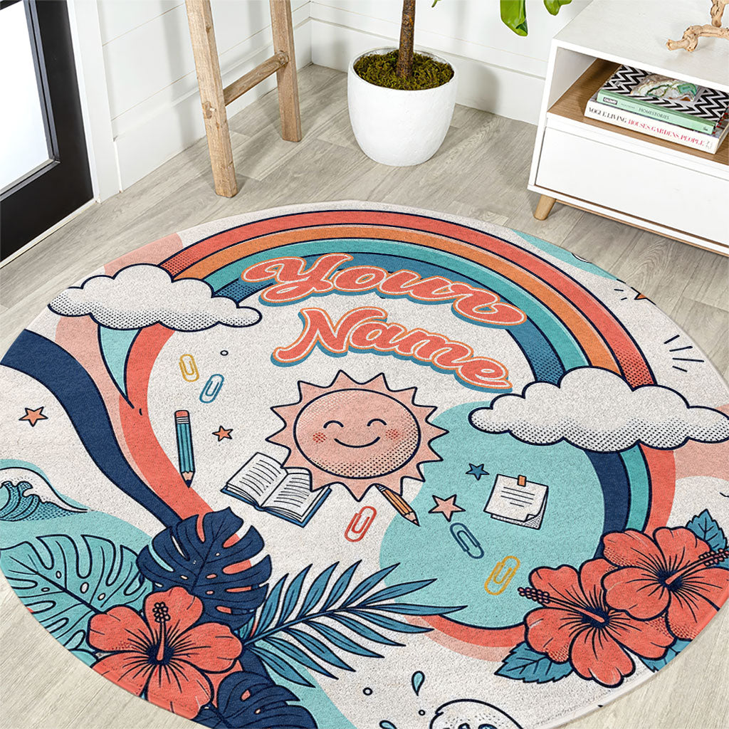 Personalized Hawaii Back To School Round Carpet Retro Rainbow Sun with Tropical Hibiscus Flowers TS04 White Blue - Polynesian Pride