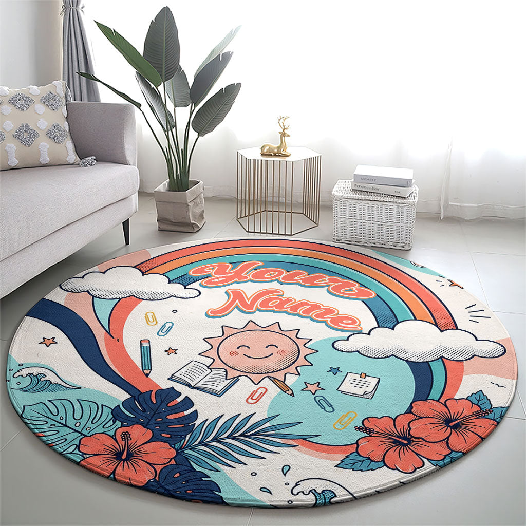 Personalized Hawaii Back To School Round Carpet Retro Rainbow Sun with Tropical Hibiscus Flowers TS04 - Polynesian Pride