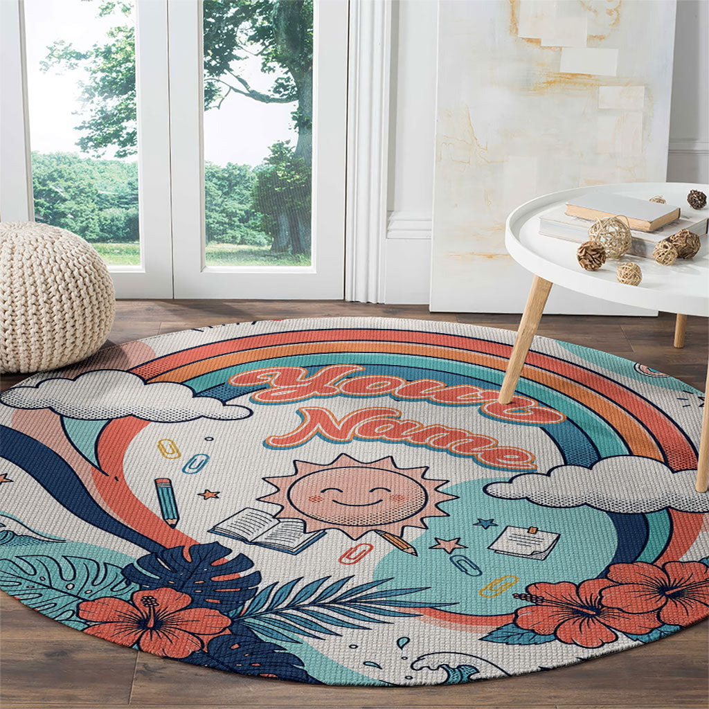 Personalized Hawaii Back To School Round Carpet Retro Rainbow Sun with Tropical Hibiscus Flowers TS04 - Polynesian Pride