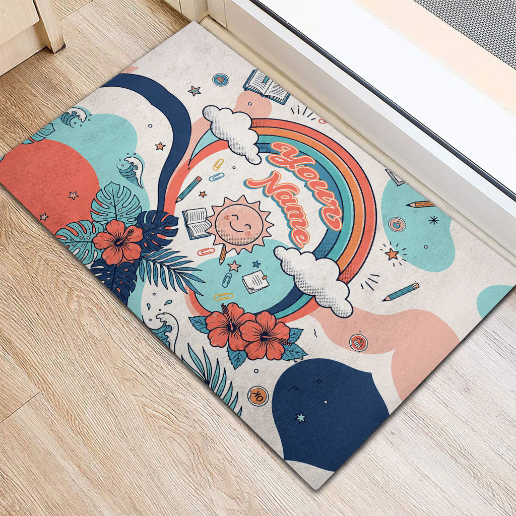 Personalized Hawaii Back To School Rubber Doormat Retro Rainbow Sun with Tropical Hibiscus Flowers TS04 - Polynesian Pride
