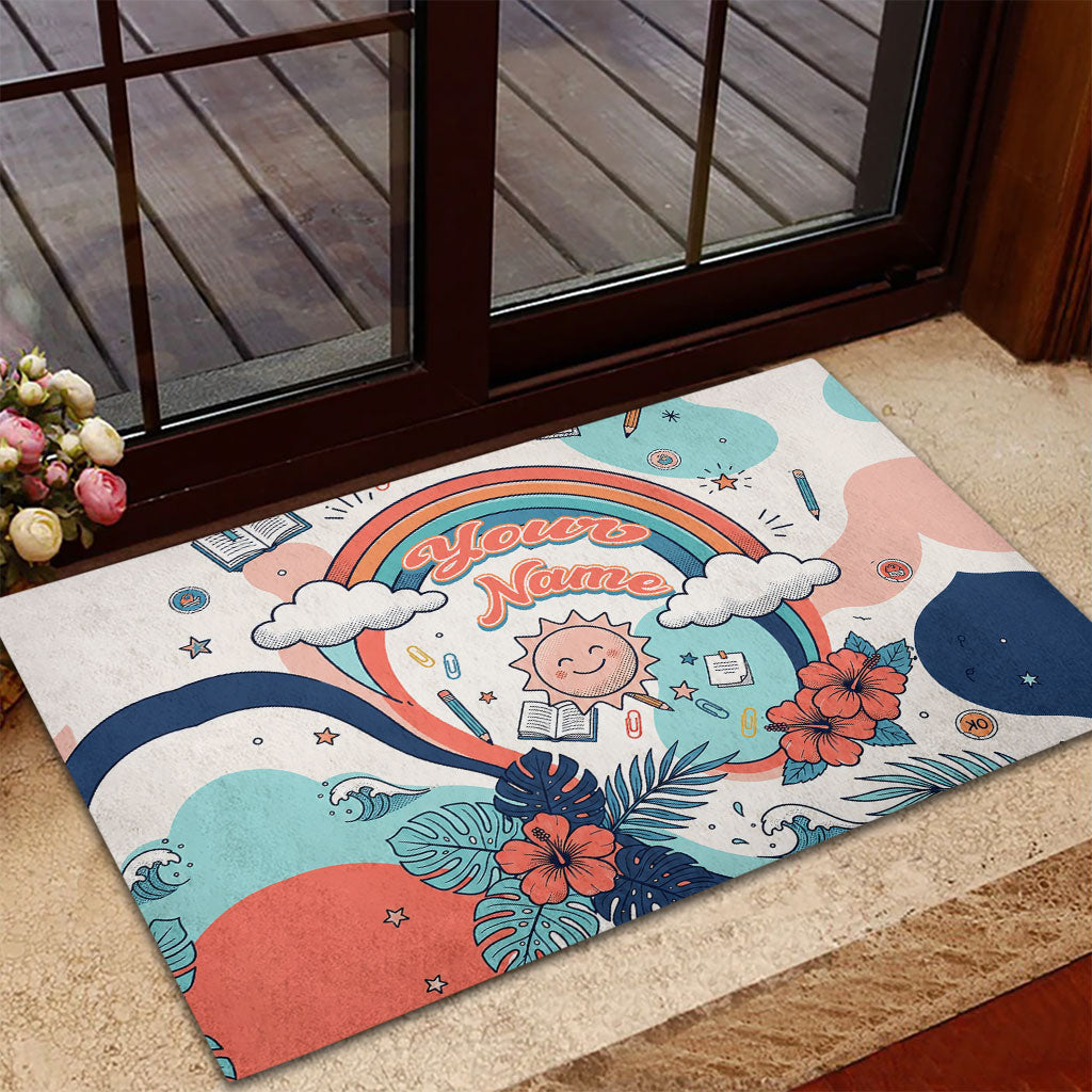 Personalized Hawaii Back To School Rubber Doormat Retro Rainbow Sun with Tropical Hibiscus Flowers TS04 - Polynesian Pride