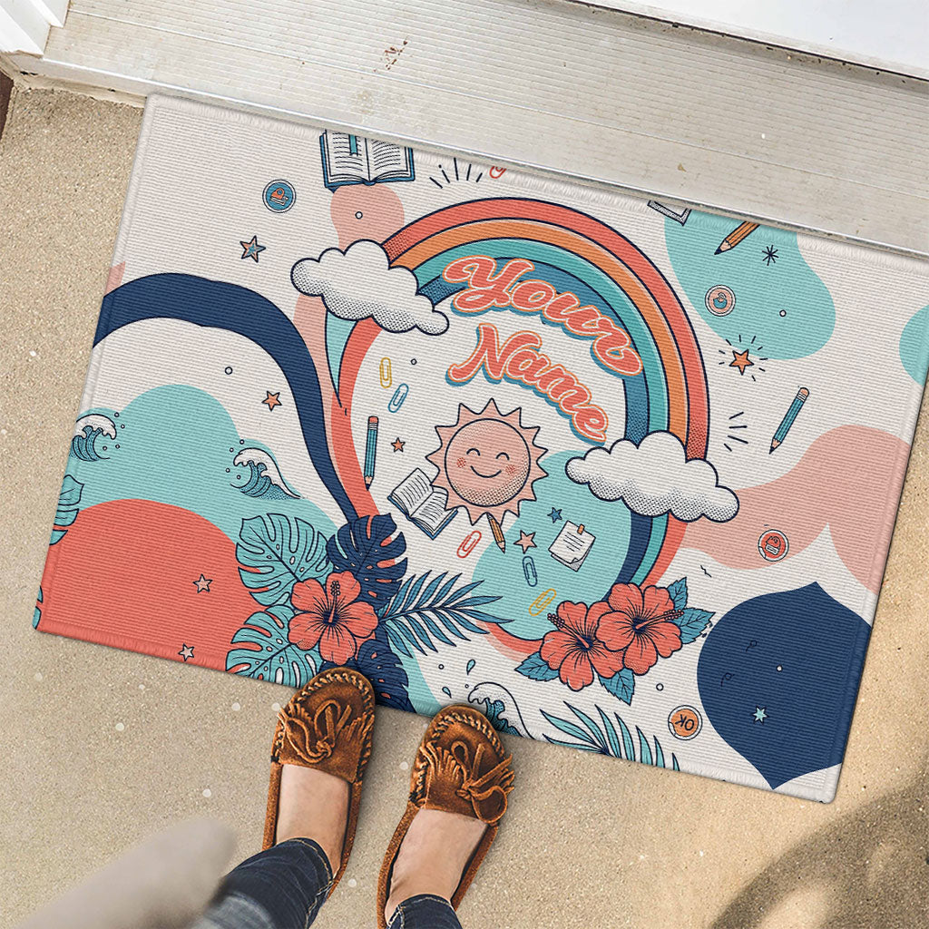 Personalized Hawaii Back To School Rubber Doormat Retro Rainbow Sun with Tropical Hibiscus Flowers TS04 - Polynesian Pride