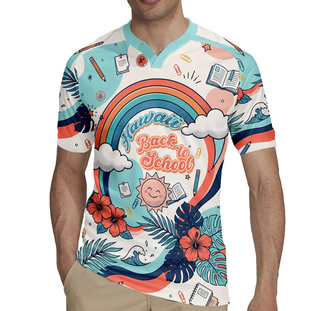 Personalized Hawaii Back To School Rugby Jersey Retro Rainbow Sun with Tropical Hibiscus Flowers TS04 - Polynesian Pride