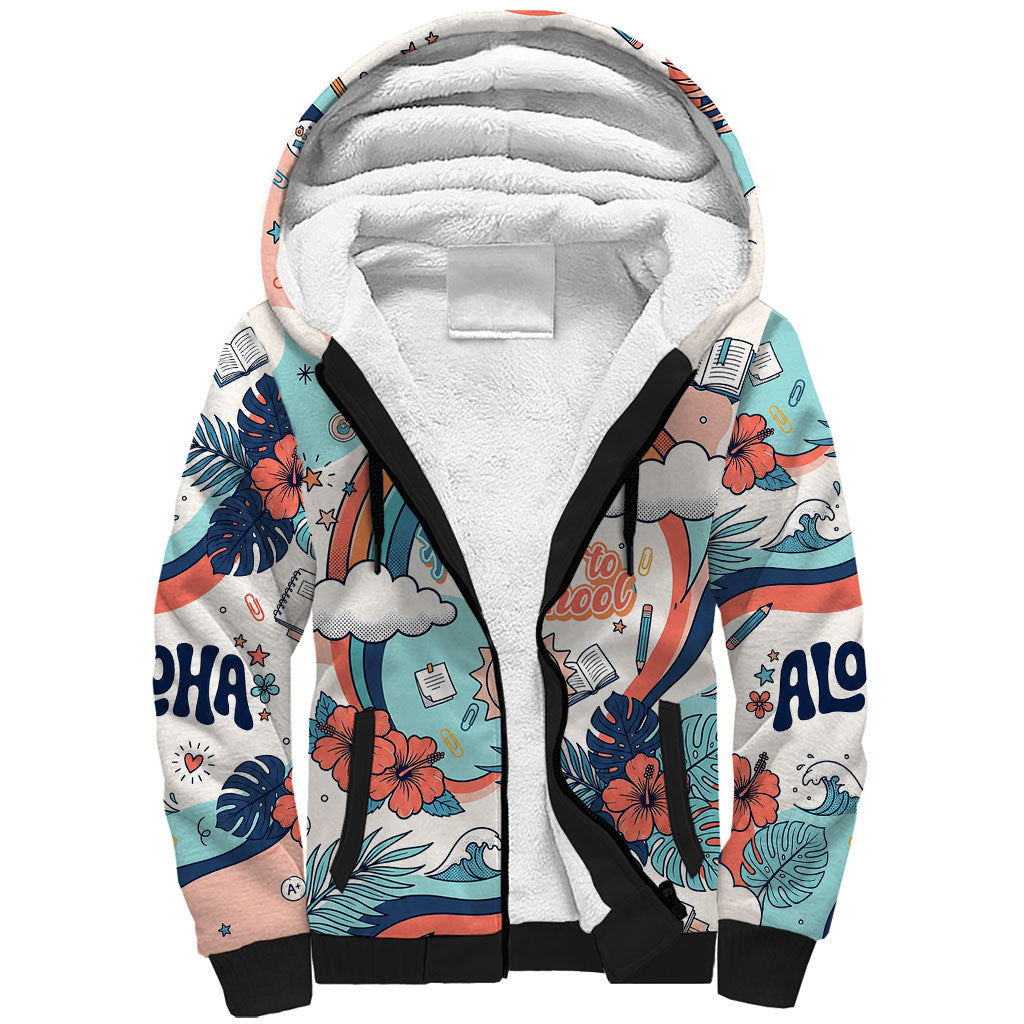 Personalized Hawaii Back To School Sherpa Hoodie Retro Rainbow Sun with Tropical Hibiscus Flowers TS04 Unisex White Blue - Polynesian Pride
