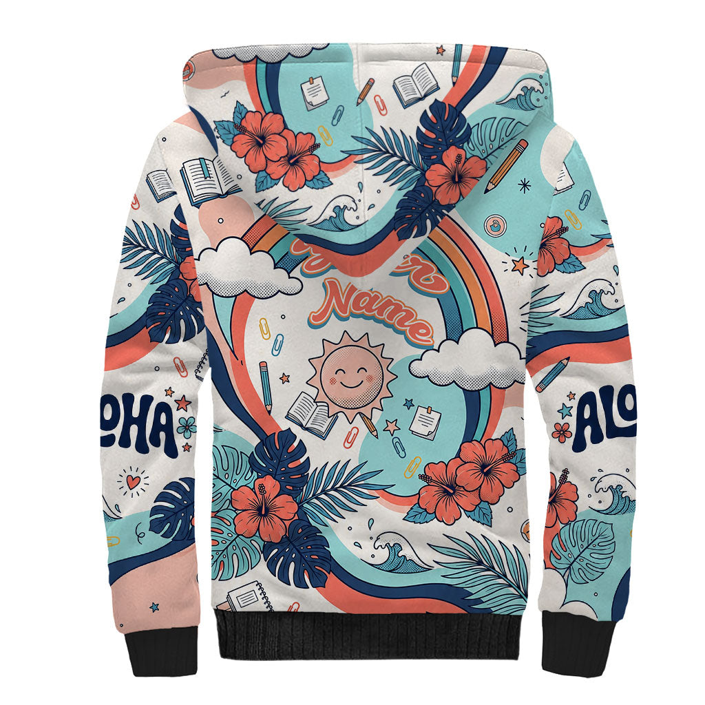 Personalized Hawaii Back To School Sherpa Hoodie Retro Rainbow Sun with Tropical Hibiscus Flowers TS04 - Polynesian Pride
