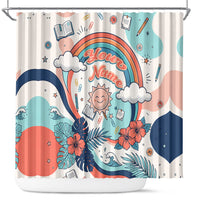 Personalized Hawaii Back To School Shower Curtain Retro Rainbow Sun with Tropical Hibiscus Flowers TS04 White Blue - Polynesian Pride