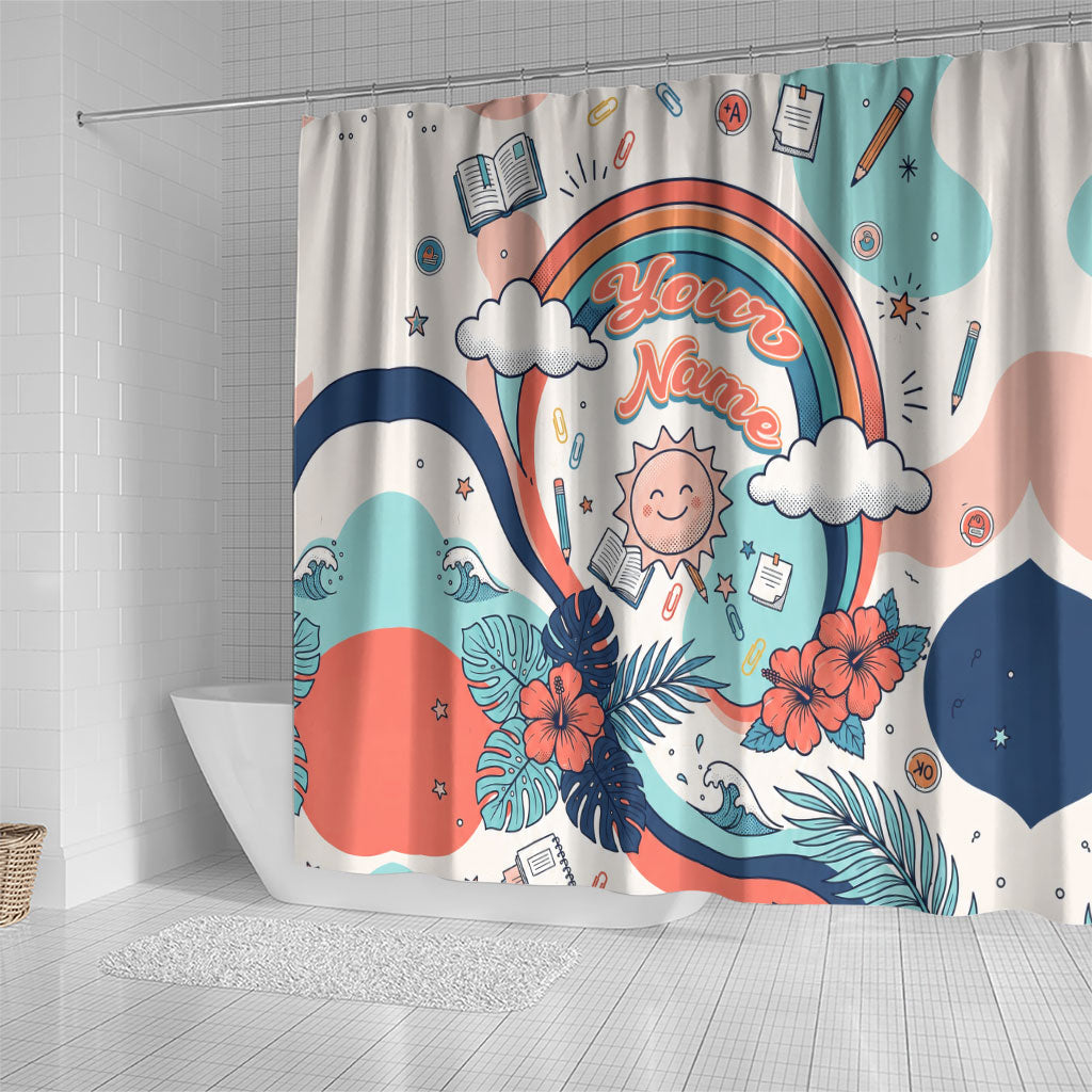Personalized Hawaii Back To School Shower Curtain Retro Rainbow Sun with Tropical Hibiscus Flowers TS04 - Polynesian Pride