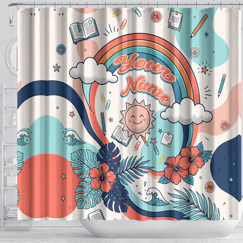 Personalized Hawaii Back To School Shower Curtain Retro Rainbow Sun with Tropical Hibiscus Flowers TS04 - Polynesian Pride