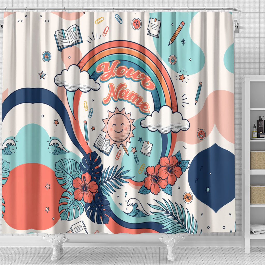 Personalized Hawaii Back To School Shower Curtain Retro Rainbow Sun with Tropical Hibiscus Flowers TS04 - Polynesian Pride