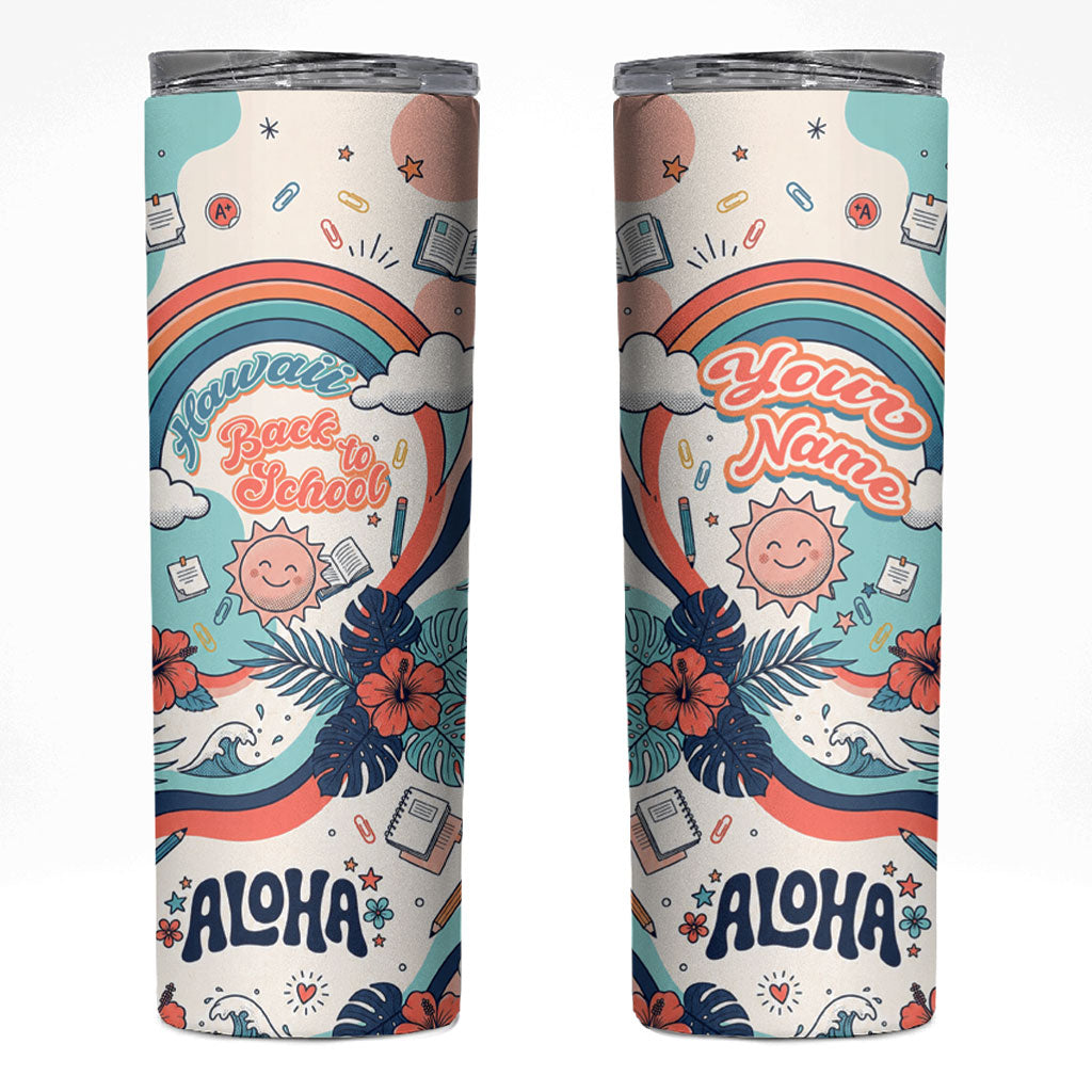 Personalized Hawaii Back To School Skinny Tumbler Retro Rainbow Sun with Tropical Hibiscus Flowers TS04 White Blue - Polynesian Pride