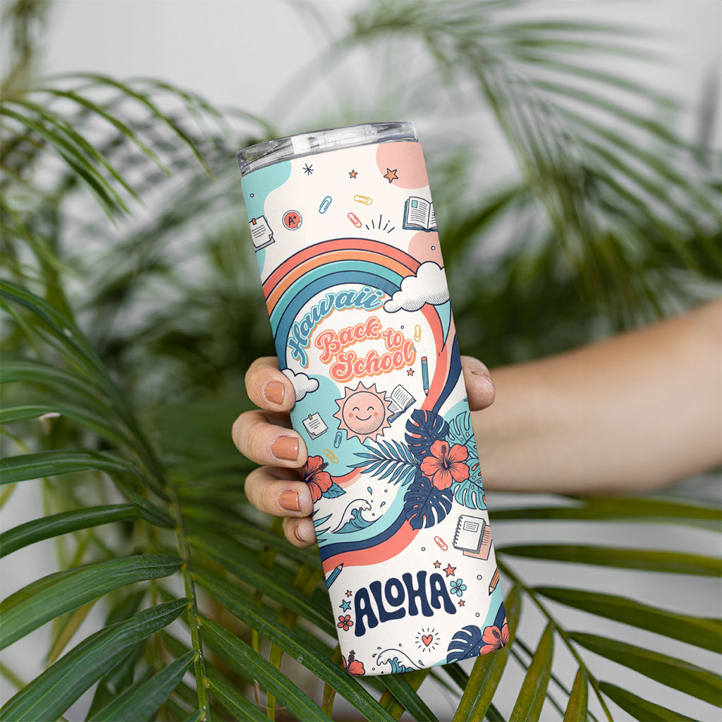 Personalized Hawaii Back To School Skinny Tumbler Retro Rainbow Sun with Tropical Hibiscus Flowers TS04 - Polynesian Pride