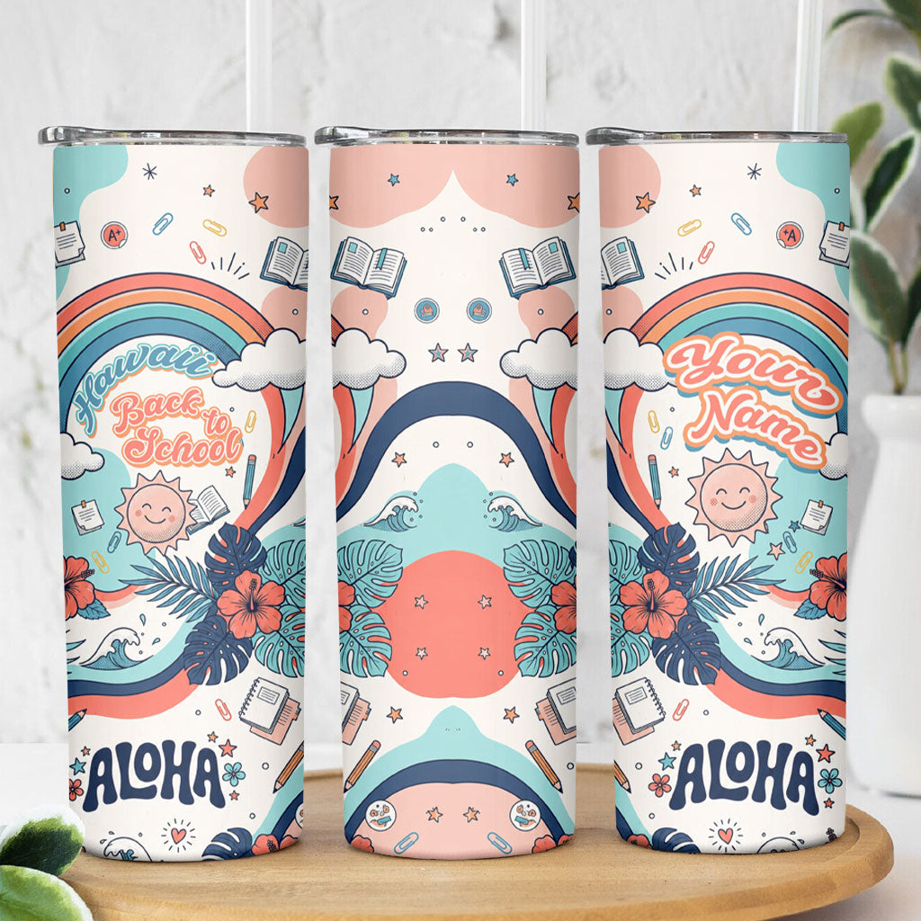 Personalized Hawaii Back To School Skinny Tumbler Retro Rainbow Sun with Tropical Hibiscus Flowers TS04 - Polynesian Pride