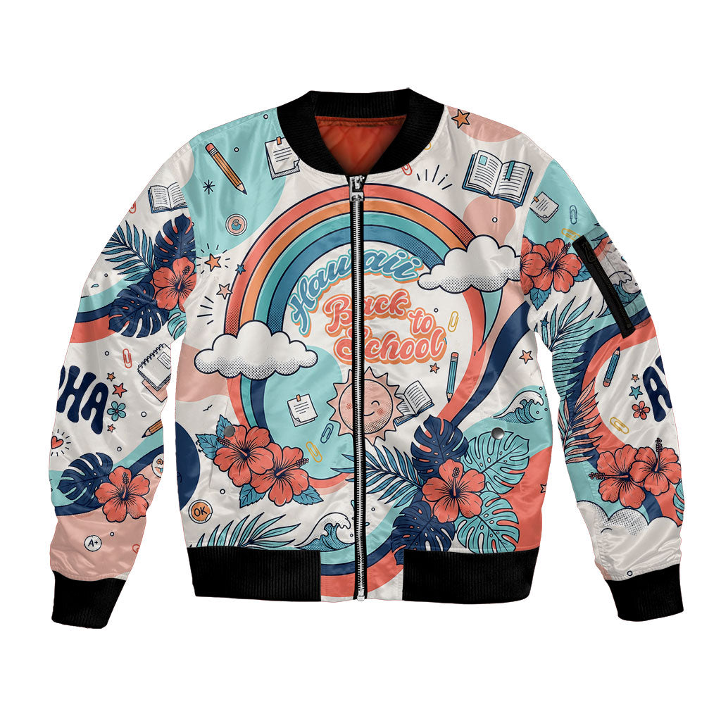 Personalized Hawaii Back To School Sleeve Zip Bomber Jacket Retro Rainbow Sun with Tropical Hibiscus Flowers TS04 Unisex White Blue - Polynesian Pride