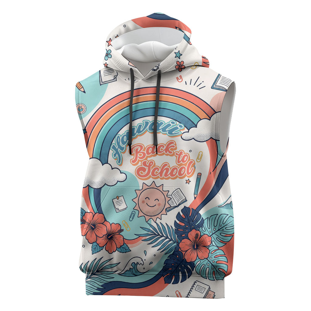 Personalized Hawaii Back To School Sleeveless Hoodie Retro Rainbow Sun with Tropical Hibiscus Flowers TS04 White Blue - Polynesian Pride