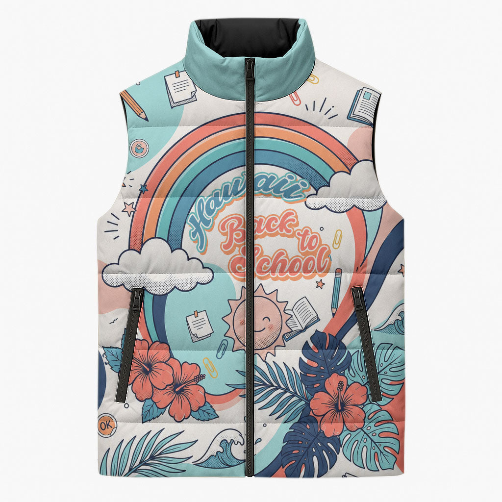 Personalized Hawaii Back To School Sleeveless Puffer Jacket Retro Rainbow Sun with Tropical Hibiscus Flowers TS04 Unisex White Blue - Polynesian Pride