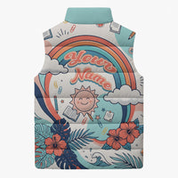 Personalized Hawaii Back To School Sleeveless Puffer Jacket Retro Rainbow Sun with Tropical Hibiscus Flowers TS04 - Polynesian Pride
