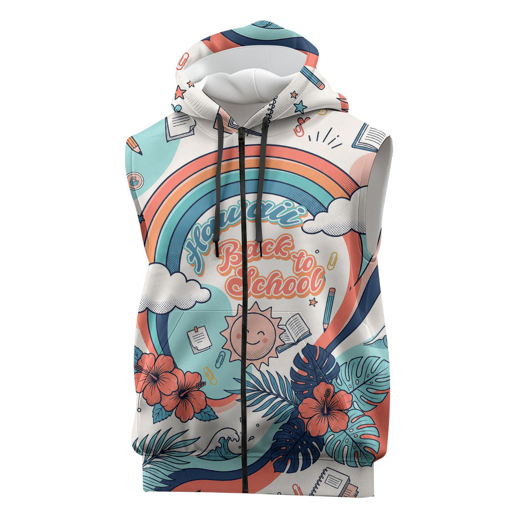 Personalized Hawaii Back To School Sleeveless Zip Hoodie Retro Rainbow Sun with Tropical Hibiscus Flowers TS04 White Blue - Polynesian Pride