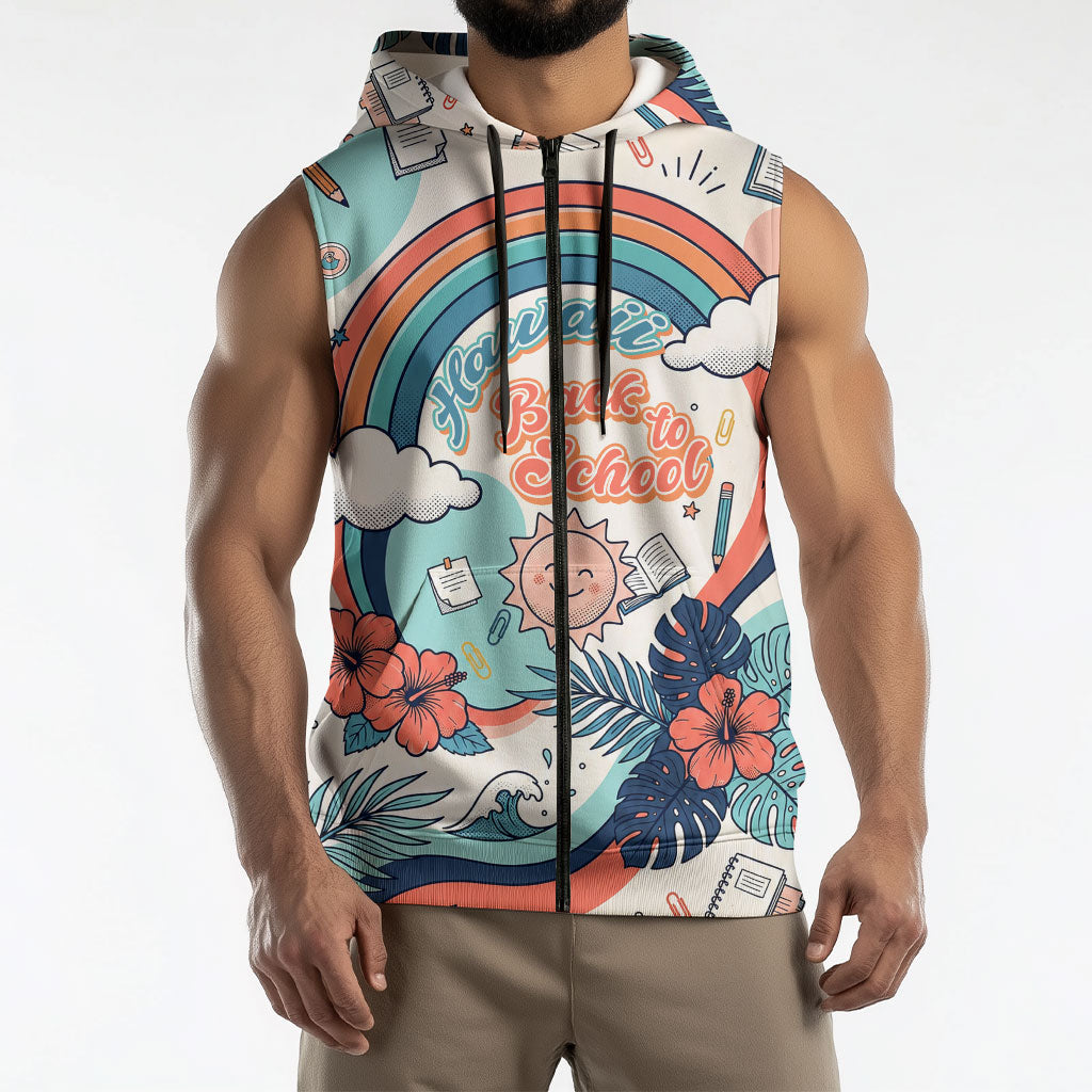 Personalized Hawaii Back To School Sleeveless Zip Hoodie Retro Rainbow Sun with Tropical Hibiscus Flowers TS04 - Polynesian Pride