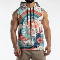 Personalized Hawaii Back To School Sleeveless Zip Hoodie Retro Rainbow Sun with Tropical Hibiscus Flowers TS04 - Polynesian Pride