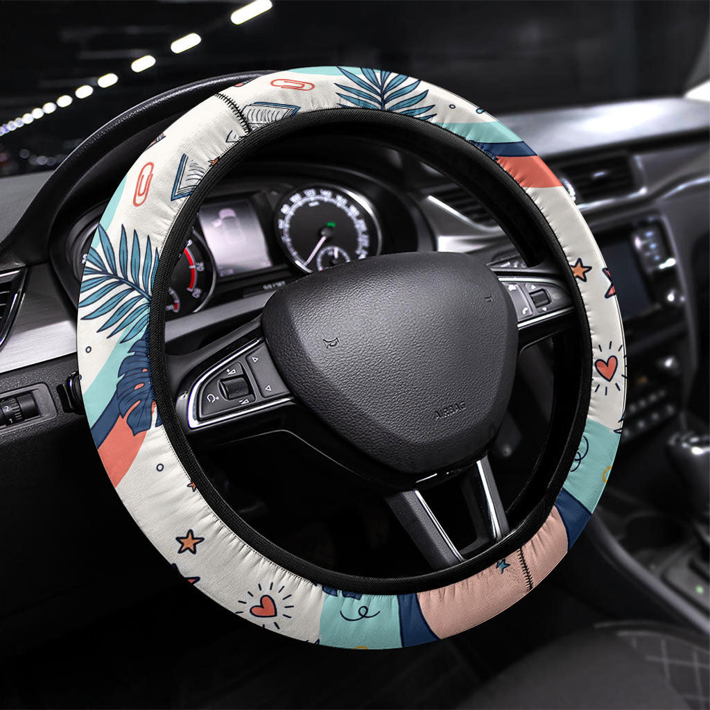 Hawaii Back To School Steering Wheel Cover Retro Rainbow Sun with Tropical Hibiscus Flowers TS04 Universal Fit White Blue - Polynesian Pride