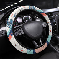 Hawaii Back To School Steering Wheel Cover Retro Rainbow Sun with Tropical Hibiscus Flowers TS04 Universal Fit White Blue - Polynesian Pride
