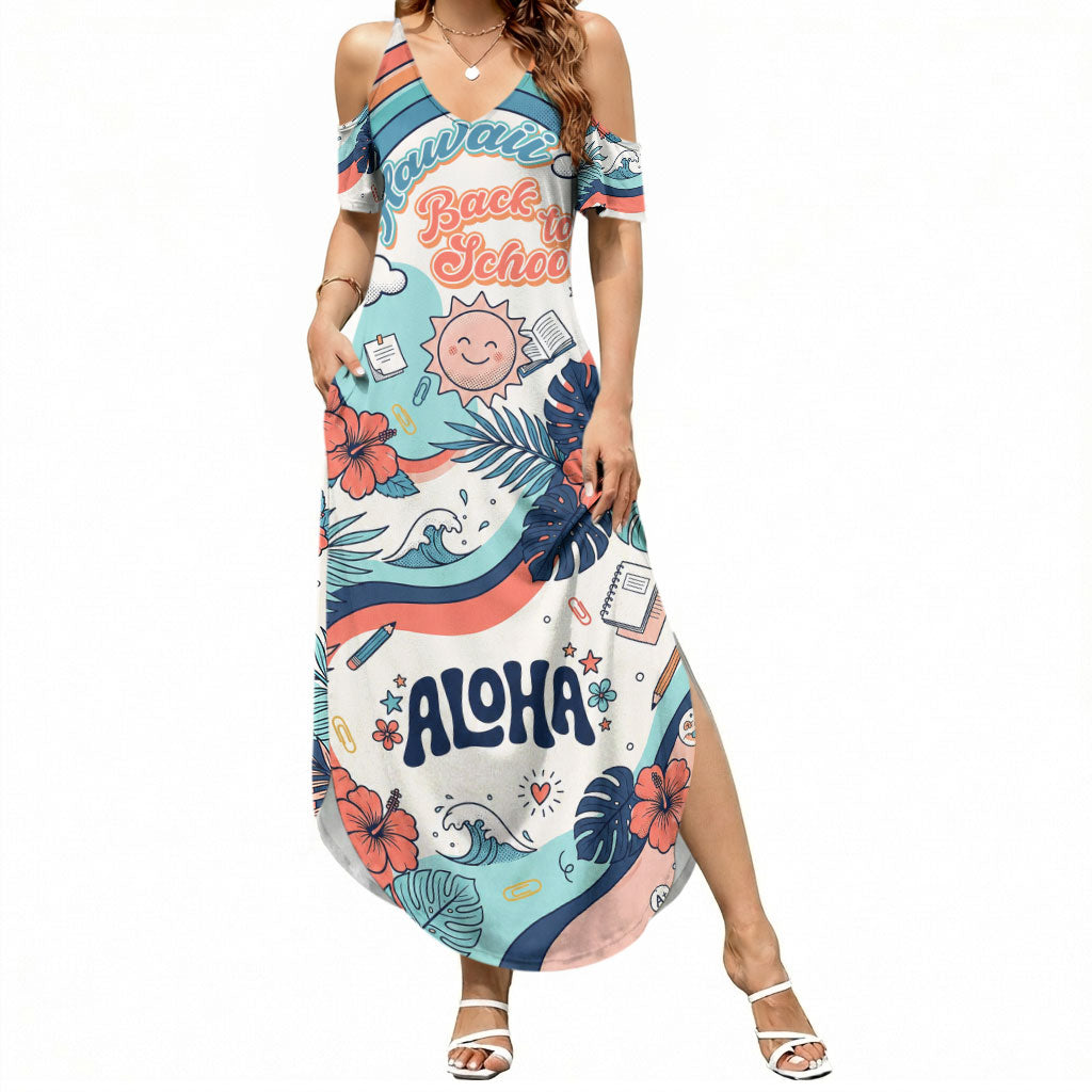 Personalized Hawaii Back To School Summer Maxi Dress Retro Rainbow Sun with Tropical Hibiscus Flowers TS04 Women White Blue - Polynesian Pride