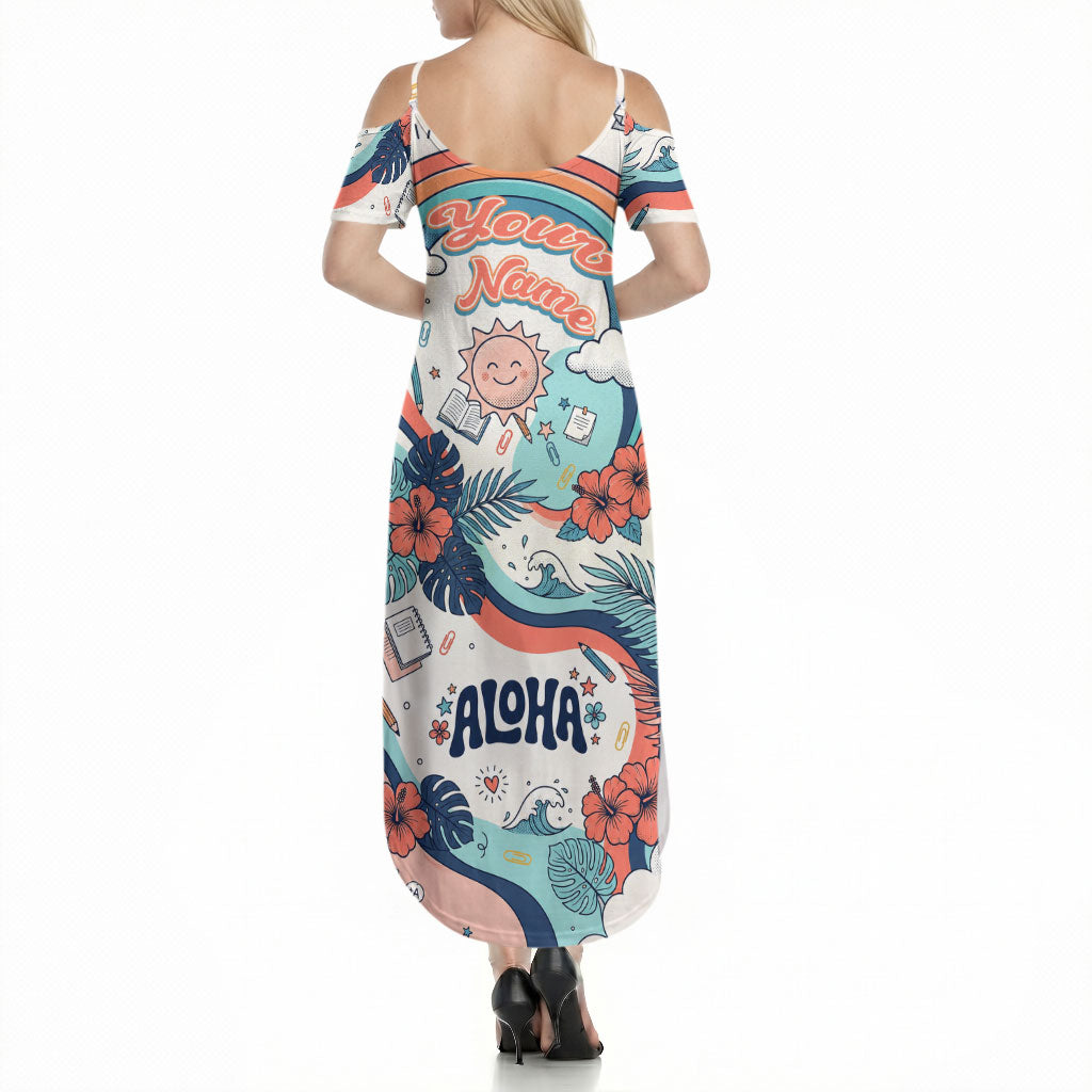 Personalized Hawaii Back To School Summer Maxi Dress Retro Rainbow Sun with Tropical Hibiscus Flowers TS04 - Polynesian Pride