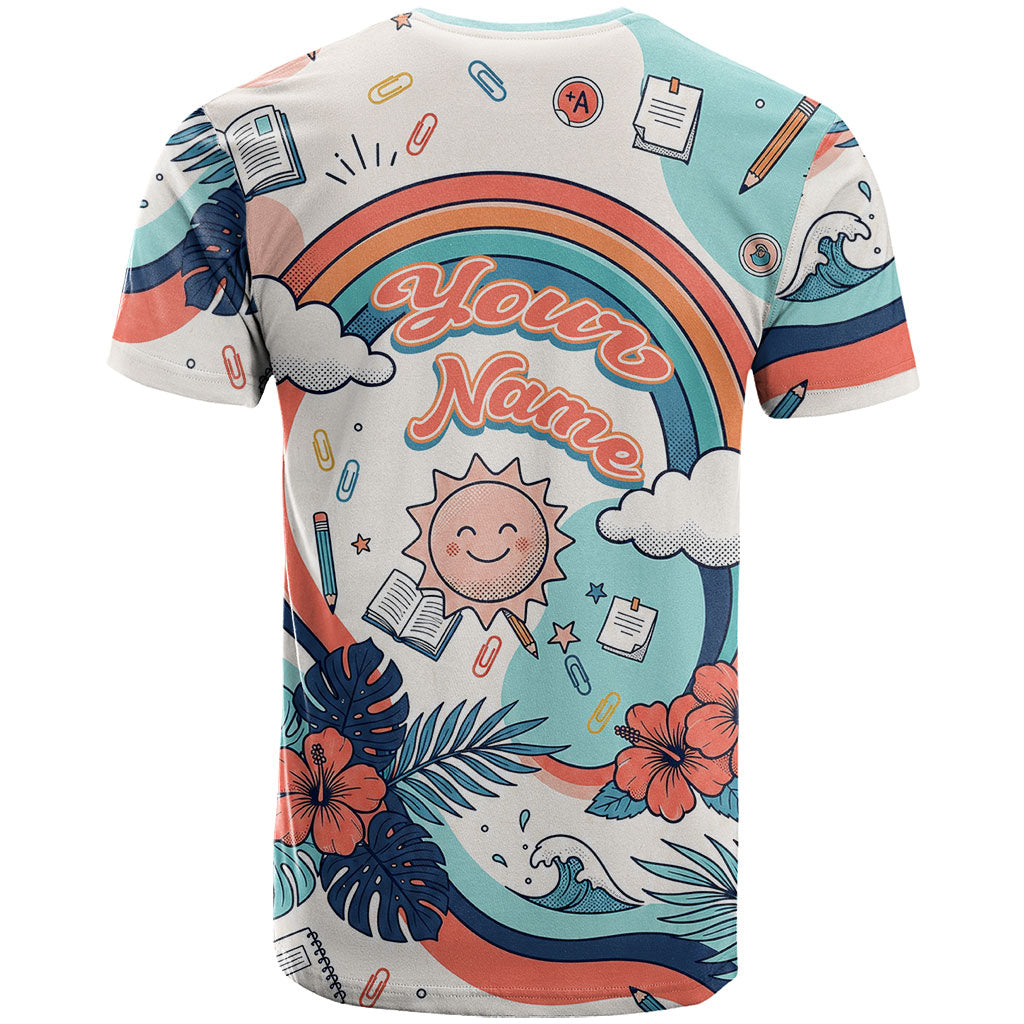 Personalized Hawaii Back To School T Shirt Retro Rainbow Sun with Tropical Hibiscus Flowers TS04 - Polynesian Pride