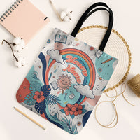 Personalized Hawaii Back To School Tote Bag Retro Rainbow Sun with Tropical Hibiscus Flowers TS04 Black Strap One Size White Blue - Polynesian Pride