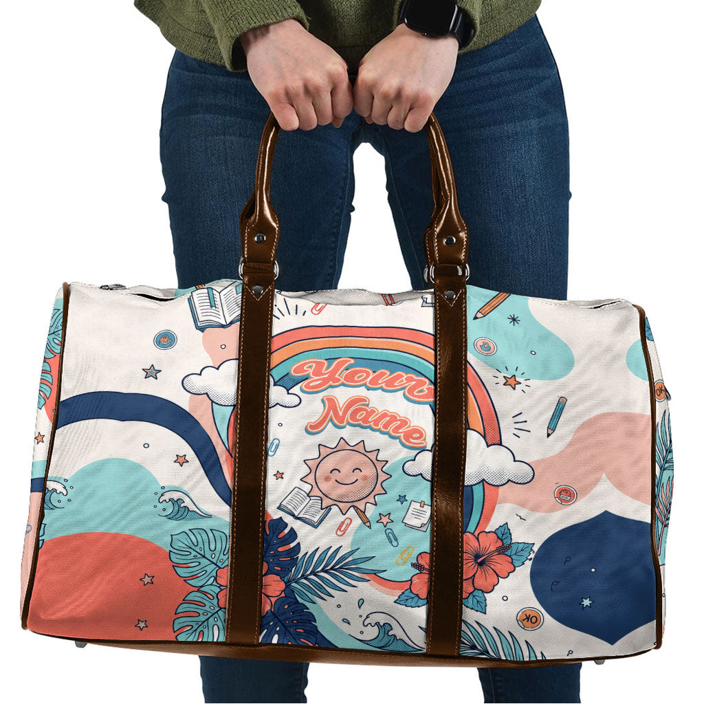 Personalized Hawaii Back To School Travel Bag Retro Rainbow Sun with Tropical Hibiscus Flowers TS04 White Blue - Polynesian Pride