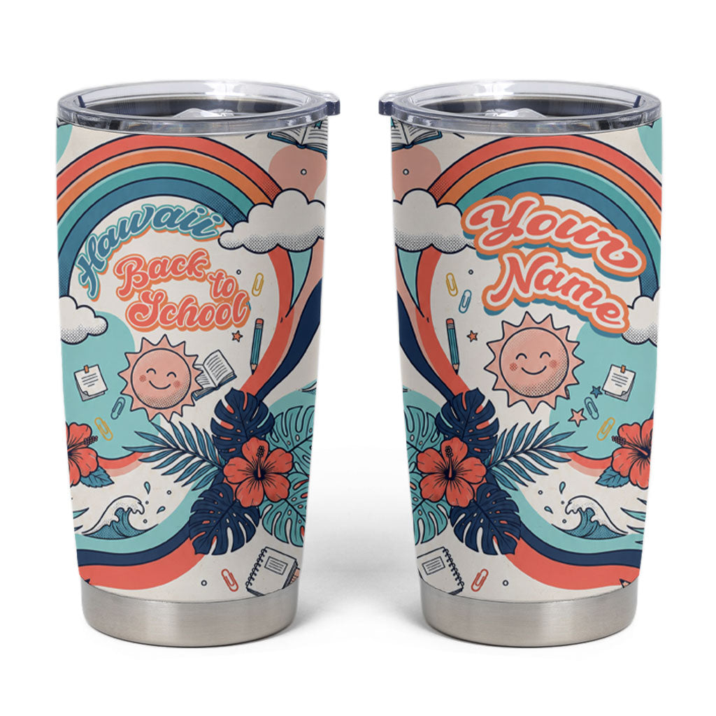 Personalized Hawaii Back To School Tumbler Cup Retro Rainbow Sun with Tropical Hibiscus Flowers TS04 White Blue - Polynesian Pride