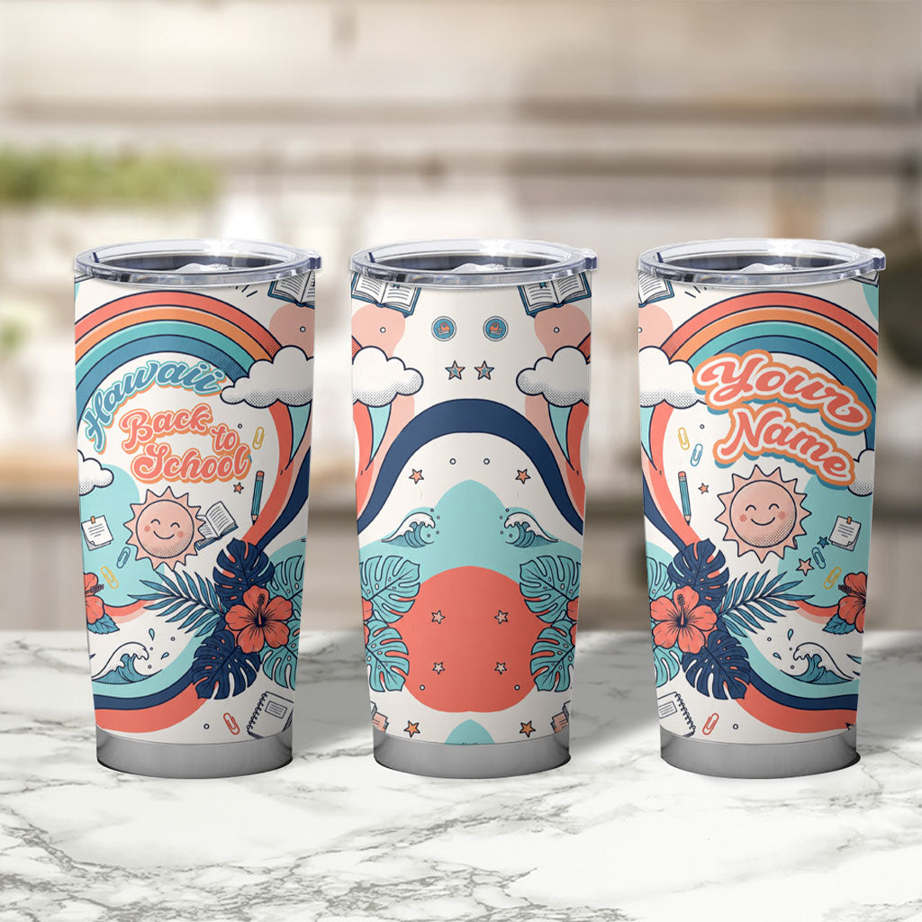 Personalized Hawaii Back To School Tumbler Cup Retro Rainbow Sun with Tropical Hibiscus Flowers TS04 - Polynesian Pride