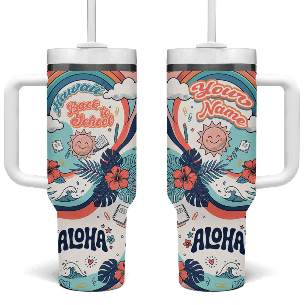 Personalized Hawaii Back To School Tumbler With Handle Retro Rainbow Sun with Tropical Hibiscus Flowers TS04 One Size: 40 oz White Blue - Polynesian Pride