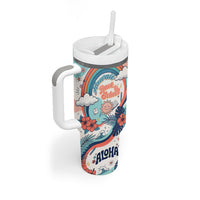 Personalized Hawaii Back To School Tumbler With Handle Retro Rainbow Sun with Tropical Hibiscus Flowers TS04 - Polynesian Pride