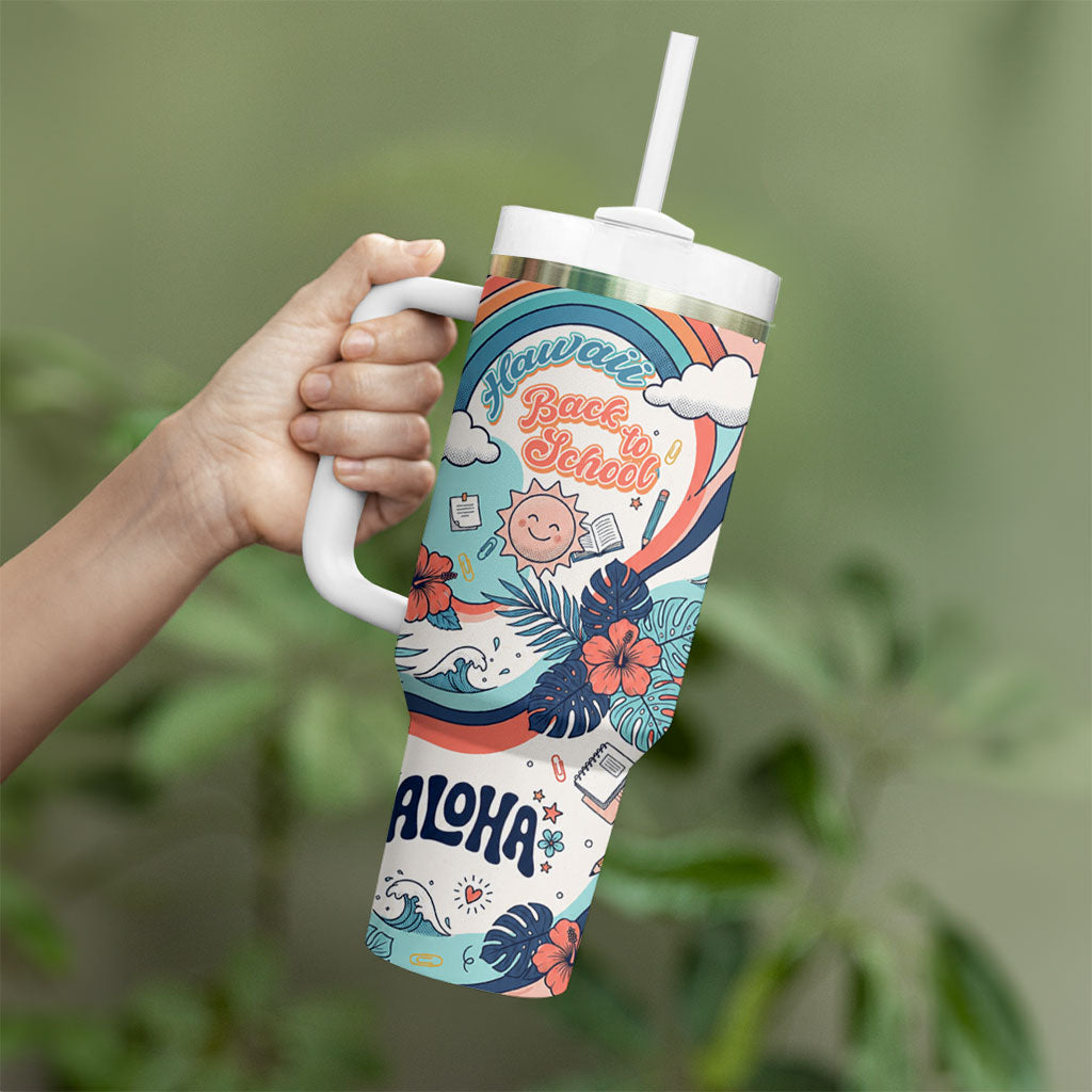 Personalized Hawaii Back To School Tumbler With Handle Retro Rainbow Sun with Tropical Hibiscus Flowers TS04 - Polynesian Pride
