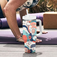 Personalized Hawaii Back To School Tumbler With Handle Retro Rainbow Sun with Tropical Hibiscus Flowers TS04 - Polynesian Pride