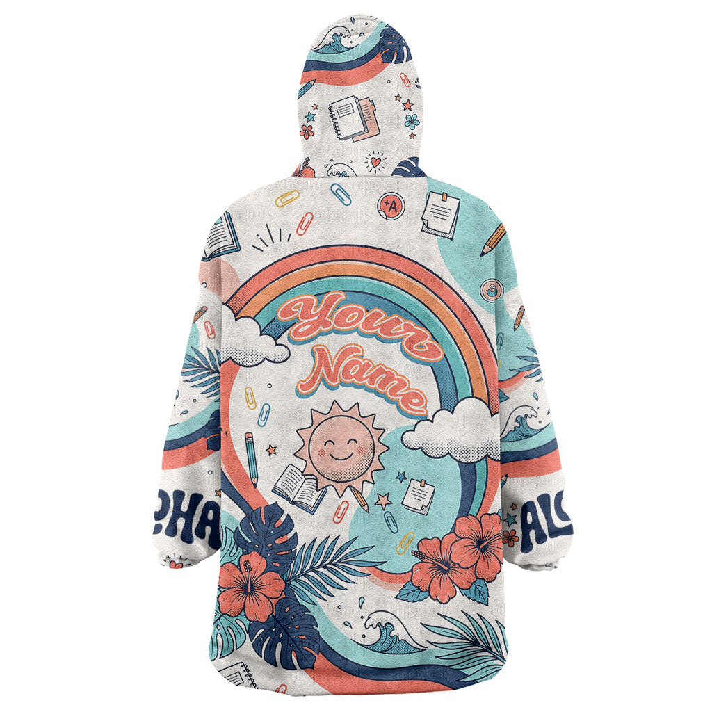 Personalized Hawaii Back To School Wearable Blanket Hoodie Retro Rainbow Sun with Tropical Hibiscus Flowers TS04 - Polynesian Pride