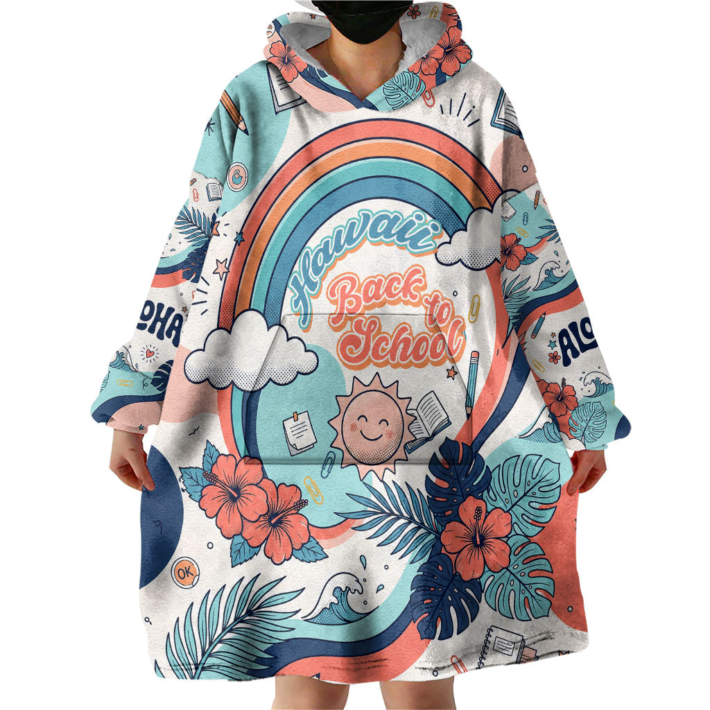 Personalized Hawaii Back To School Wearable Blanket Hoodie Retro Rainbow Sun with Tropical Hibiscus Flowers TS04 - Polynesian Pride