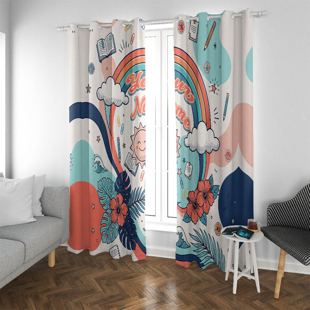 Personalized Hawaii Back To School Window Curtain Retro Rainbow Sun with Tropical Hibiscus Flowers TS04 With Grommets White Blue - Polynesian Pride