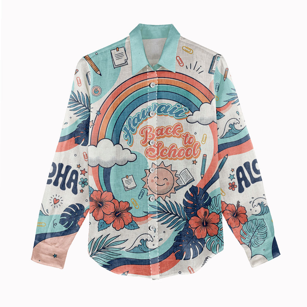 Personalized Hawaii Back To School Women Casual Shirt Retro Rainbow Sun with Tropical Hibiscus Flowers TS04 - Polynesian Pride