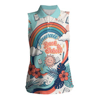 Personalized Hawaii Back To School Women Sleeveless Polo Shirt Retro Rainbow Sun with Tropical Hibiscus Flowers TS04 Female White Blue - Polynesian Pride